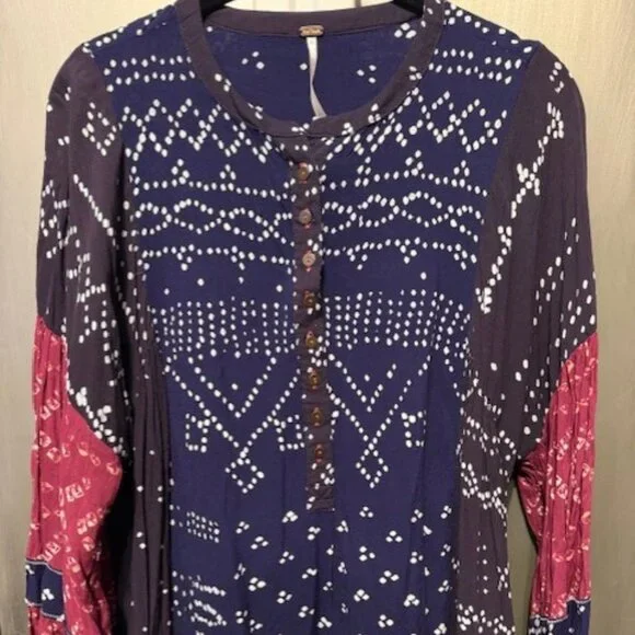 Free People Shibori Swing / Baby Doll Mini Dress with Balloon (Puff) Sleeves - Picture 8 of 16